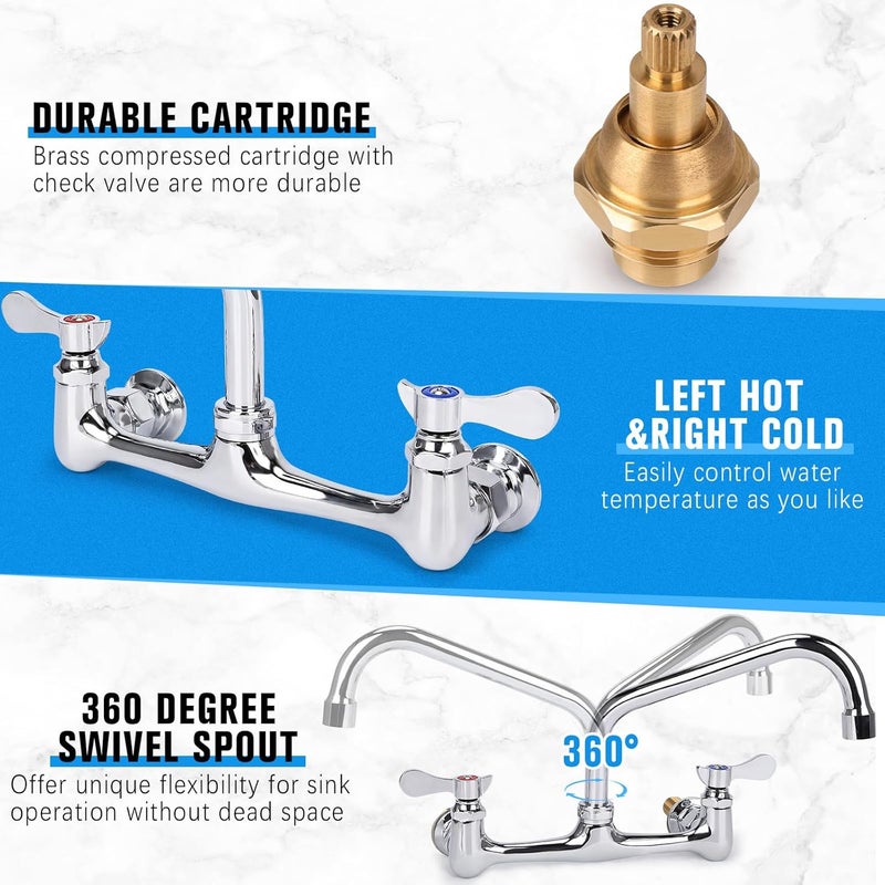 Bietor Wall Mount Kitchen Faucet 8" Center Commercial Sink Faucet with 12" Swivel Spout Dual Handles Brass Utility Sink Faucet for Laundry Room Restaurant Polish Chrome with 90° Installation Kit - Image 3